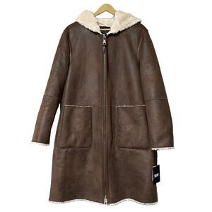 DKNY Coat Women Large Brown Hooded Faux Shearling Overcoat Winter Outerwear NWT